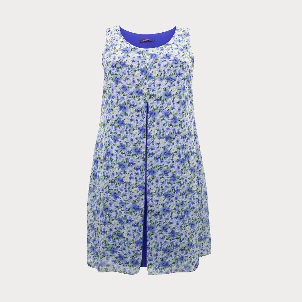 Blue sleeveless floral midi dress with a dark blue underskirt. 