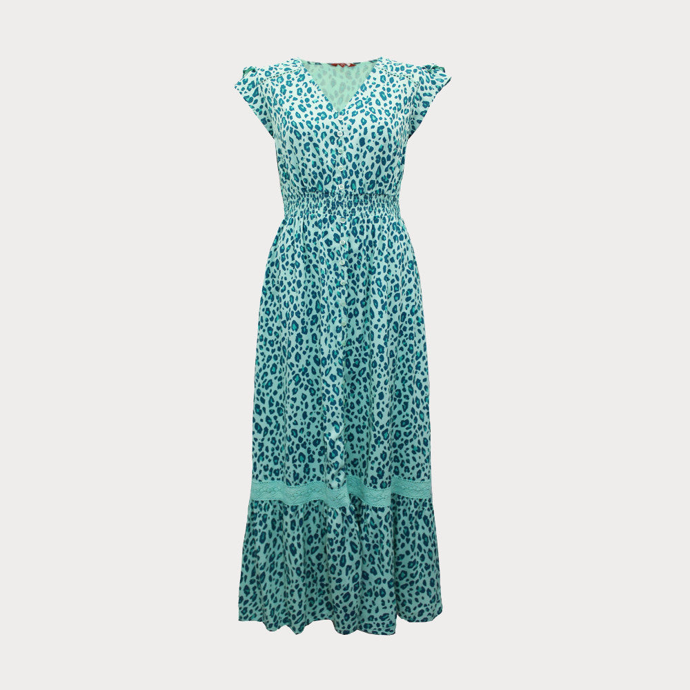 Green leopard print lace maxi dress