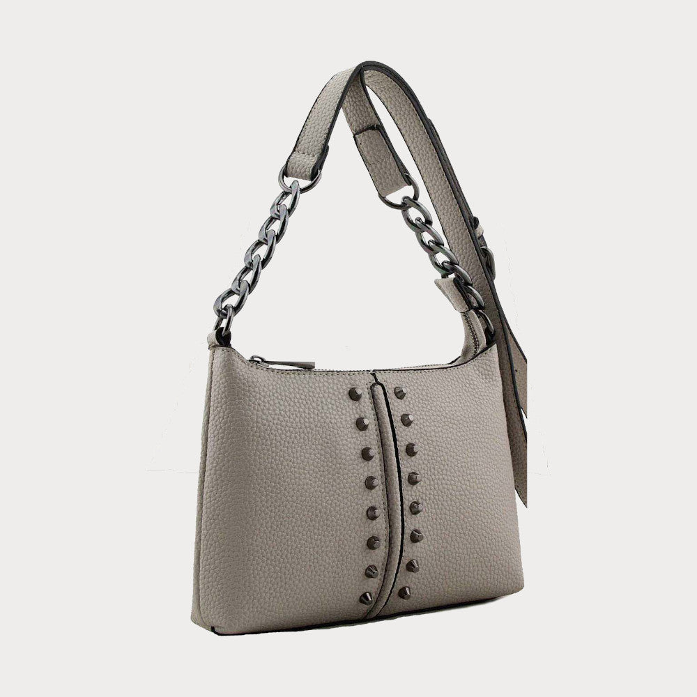 Grey studded handbag sale